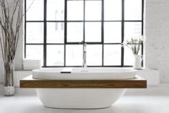 Wetstyle Wetstyle - BE 70 X 38 X 22 Freestanding Bathtub Left Slope - Oak Black Surround Wood Shelf