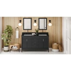 Jeffrey Alexander Jeffrey Alexander - 60 Inch Theodora Vanity With Vanity Top And Double Rectangle Bowls -Plumb Tile VKITTHE60BKBGR Hardware Resources Black