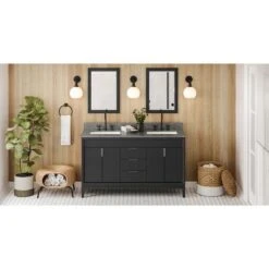 Jeffrey Alexander Jeffrey Alexander - 60 Inch Theodora Vanity With Vanity Top And Double Rectangle Bowls -Plumb Tile VKITTHE60BKBOR Hardware Resources Black