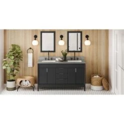 Jeffrey Alexander Jeffrey Alexander - 60 Inch Theodora Vanity With Vanity Top And Double Rectangle Bowls -Plumb Tile VKITTHE60BKSGR Hardware Resources Black