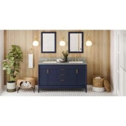 Jeffrey Alexander Jeffrey Alexander - 60 Inch Theodora Vanity With Vanity Top And Double Rectangle Bowls -Plumb Tile VKITTHE60BLSGR Hardware Resources Hale Blue