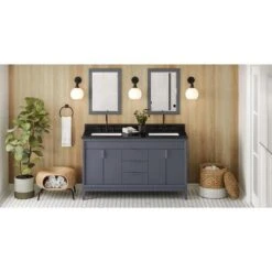 Jeffrey Alexander Jeffrey Alexander - 60 Inch Theodora Vanity With Vanity Top And Double Rectangle Bowls -Plumb Tile VKITTHE60BSBGR Hardware Resources Blue Steel