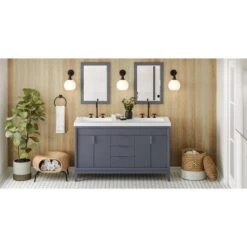 Jeffrey Alexander Jeffrey Alexander - 60 Inch Theodora Vanity With Vanity Top And Double Rectangle Bowls -Plumb Tile VKITTHE60BSLAR Hardware Resources Blue Steel