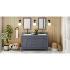 Jeffrey Alexander Jeffrey Alexander - 60 Inch Theodora Vanity With Vanity Top And Double Rectangle Bowls -Plumb Tile VKITTHE60BSSGR Hardware Resources Blue Steel