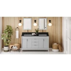 Jeffrey Alexander Jeffrey Alexander - 60 Inch Theodora Vanity With Vanity Top And Double Rectangle Bowls -Plumb Tile VKITTHE60GRBGR Hardware Resources Grey