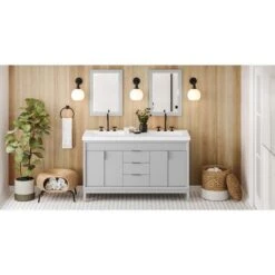 Jeffrey Alexander Jeffrey Alexander - 60 Inch Theodora Vanity With Vanity Top And Double Rectangle Bowls -Plumb Tile VKITTHE60GRLAR Hardware Resources Grey