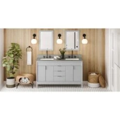 Jeffrey Alexander Jeffrey Alexander - 60 Inch Theodora Vanity With Vanity Top And Double Rectangle Bowls -Plumb Tile VKITTHE60GRSGR Hardware Resources Grey