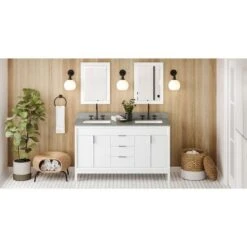 Jeffrey Alexander Jeffrey Alexander - 60 Inch Theodora Vanity With Vanity Top And Double Rectangle Bowls -Plumb Tile VKITTHE60WHSGR Hardware Resources White