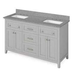 Jeffrey Alexander Jeffrey Alexander - 60 Inch Chatham Vanity With Vanity Top And Two Undermount Rectangle Bowls 21 Jeffrey Alexander Jeffrey Alexander - 60 Inch Chatham Vanity With Vanity Top And Two Undermount Rectangle Bowls -Plumb Tile jeffrey alexander vkitcha60grsgr